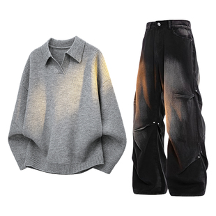 美式polo衫毛衣休闲运动套装男款秋季新款宽松休闲针织衫两件套潮