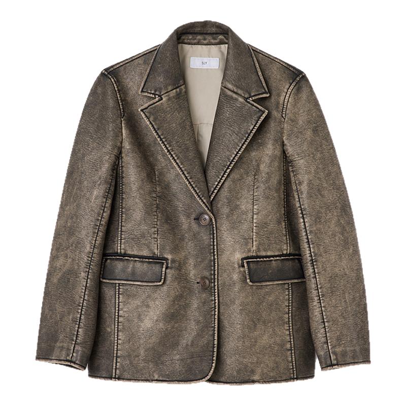 SLY 2025外夏季新品港风做旧擦色PU皮廓形西装外套030ISZ30-0241