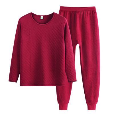 AB内衣女纯棉三层加厚圆领套装保暖秋衣秋裤中老年人大码棉毛衫裤