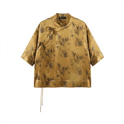 复古新中式斜襟醋酸印花衬衫