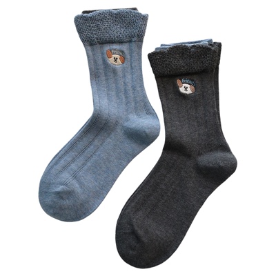 花边刺绣双袜口袜子女复古日系