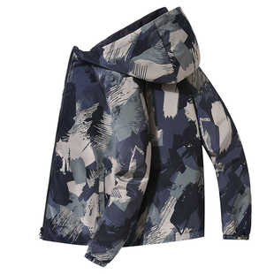 正反面两穿迷彩风男装夹克春秋连帽外套加肥加大码双面穿男士上衣