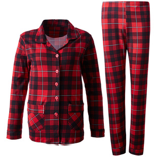 圆人睡衣女春秋款纯棉长袖格子红色本命年开衫新婚大码家居服套装