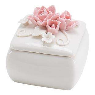 丰白陶瓷四方盒粉色手捏花饰品盒创意戒指项链收纳盒摆件生日礼物