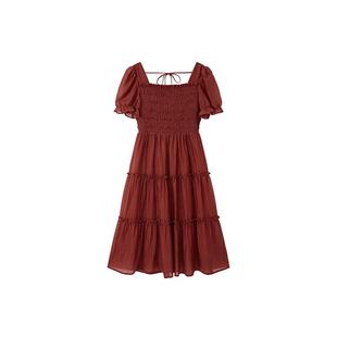 PIT复古法式温柔方领红色连衣裙女2025夏季新款海边渡假天丝长裙