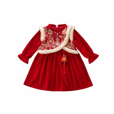 拜年服女童红色连衣裙冬加绒裙子