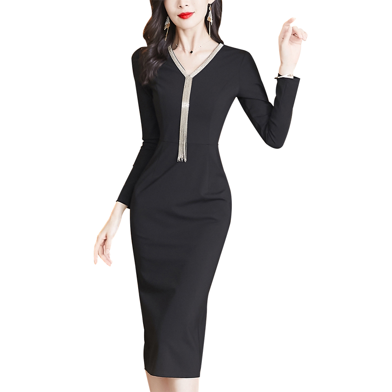 黑色连衣裙长款秋冬装2025年新款女显瘦长袖V领修身气质包臀长裙