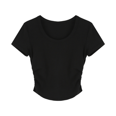 U领T恤褶皱收腰短袖T恤女