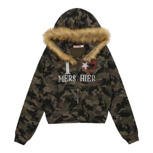 辣到中暑秋冬新款美式辣妹迷彩毛领连帽卫衣拉链短款外套加绒保暖