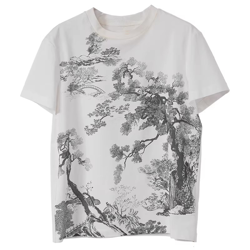Distin Kidny/迪凯夏季国风水墨印花T恤女装短袖纯棉优雅文艺上衣