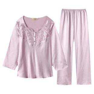 美标春夏长袖6A级真丝睡衣女套装高档丝绸100%桑蚕丝家居服两件套