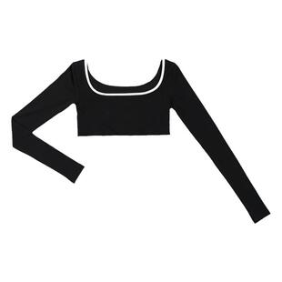 QUORRA S CHORD 露脐高腰长袖黑白撞色纯棉高弹性感打底T恤上衣