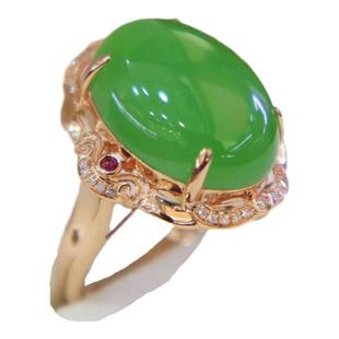 暑期礼天然和田玉碧玉俄料乌兰海苹果绿玉石戒指18k金镶嵌豪华a货