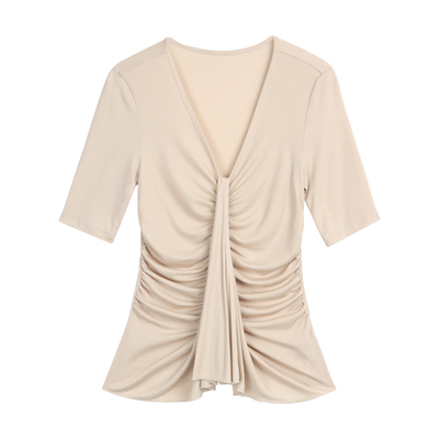 性感V领飘带中袖T恤修身褶皱上衣