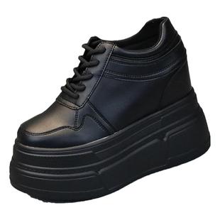 全黑超高跟12cm休闲女鞋2023秋冬新款圆头厚底松糕跟内增高加绒鞋