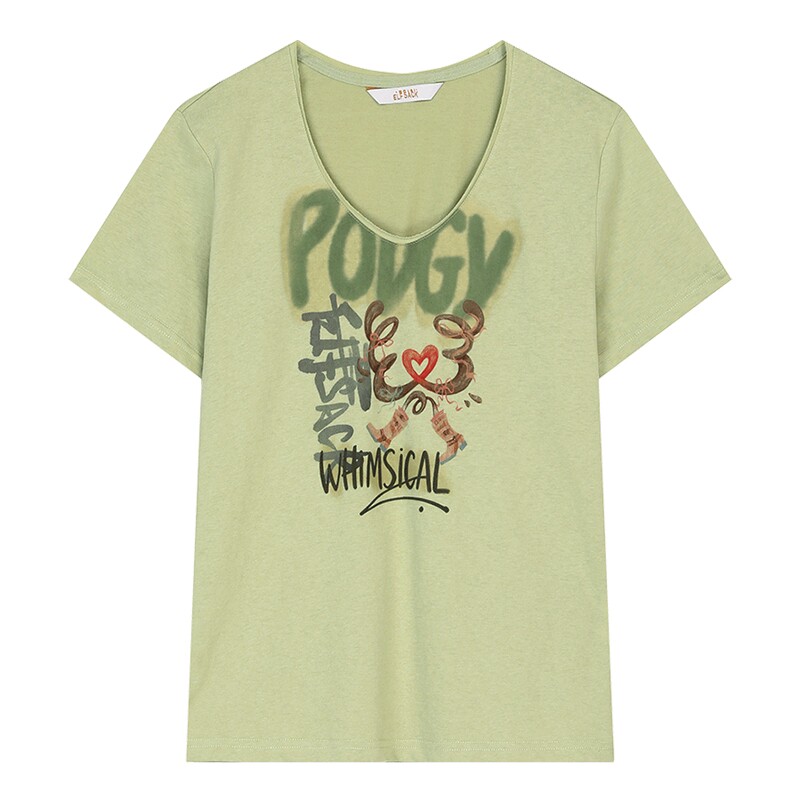 妖精的口袋复古v领印花短袖t恤女2026年夏新款宽松休闲设计感上衣