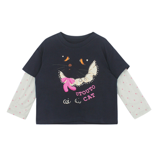 大耳象女童波点拼袖印花T恤2026春季新款宝儿假两件休闲长袖上衣