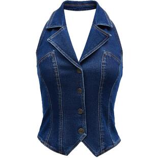 Vero Moda奥莱牛仔马甲女春夏新款挂脖无袖翻领复古丹宁时髦百搭