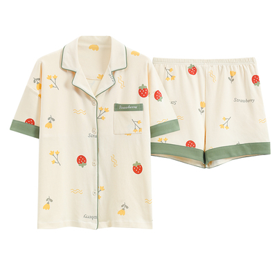 带胸垫睡衣女夏款短袖开衫可爱薄