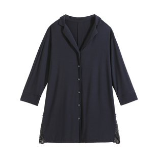 女士黑色衬衫睡裙女款纯棉短款法式男友风性感睡衣长袖家居服短裙