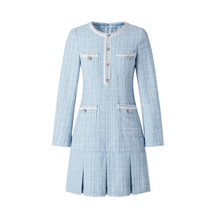 MOISSAC摩萨克冬法式复古圆领优雅小香风柔雾蓝中长收腰连衣裙女