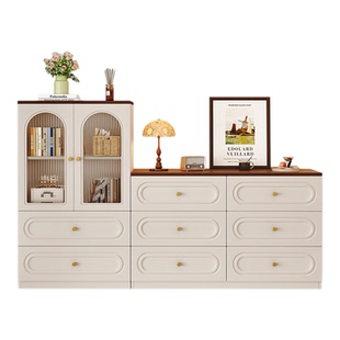 实木斗柜法式复古组合柜奶油风卧室床尾柜收纳柜落地小书柜抽屉柜