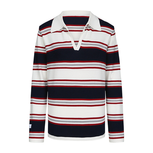 【限时直降】安欧兔条纹运动撞色POLO领水手T恤女长袖内搭上衣