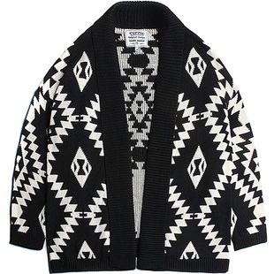 日系复古纳瓦霍图腾几何图案针织开衫男冬季黑白格子撞色毛衣外套