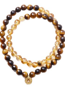 天然虎眼石手串女黄水晶招财双圈