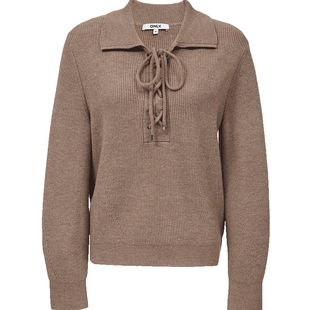 ONLY2026春季新款慵懒风翻领绑带设计纯色含绵羊毛毛衣针织衫女