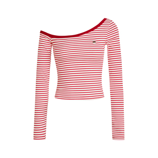 艾米同款 Liilou 撞色条纹 复古斜肩紧身长袖针织T恤上衣秋冬内搭