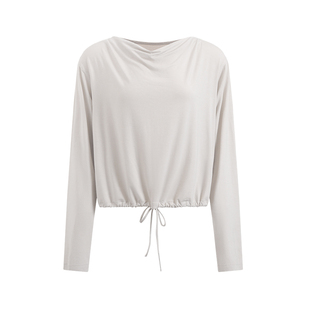 NON RESTRAIN设计感下摆抽绳收腰长袖T恤女慵懒感荡领针织打底衫