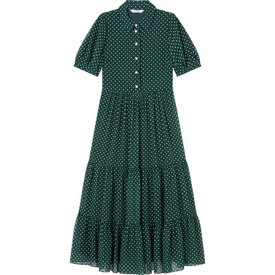 LK BENNETT深绿色波点连衣裙2025年夏季新款衬衫领气质优雅蛋糕裙