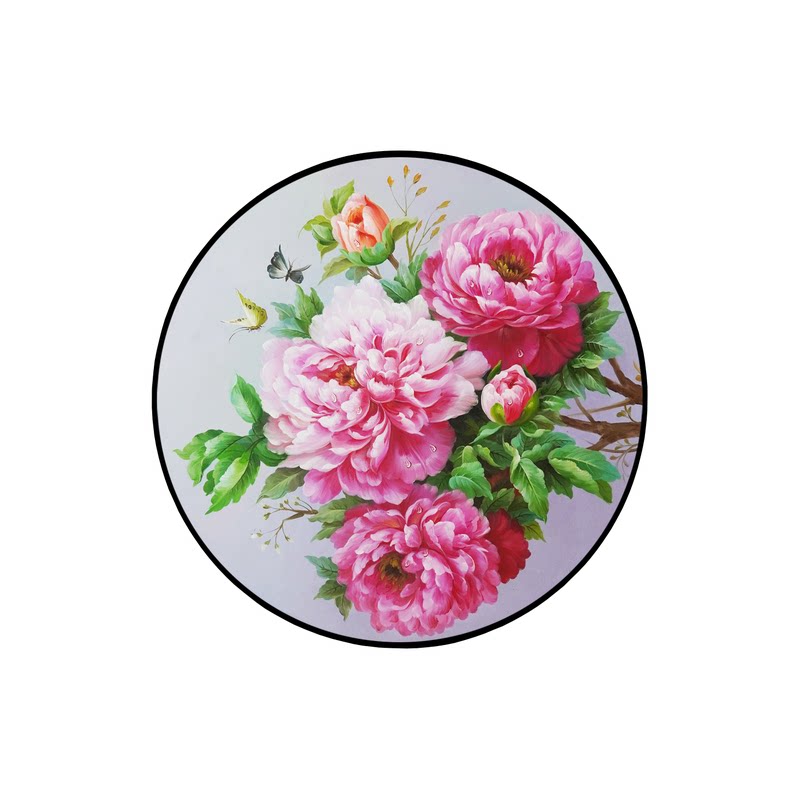 牡丹花开富贵手绘油画新中式玄关装饰画圆形餐厅挂画卧室床头壁画
