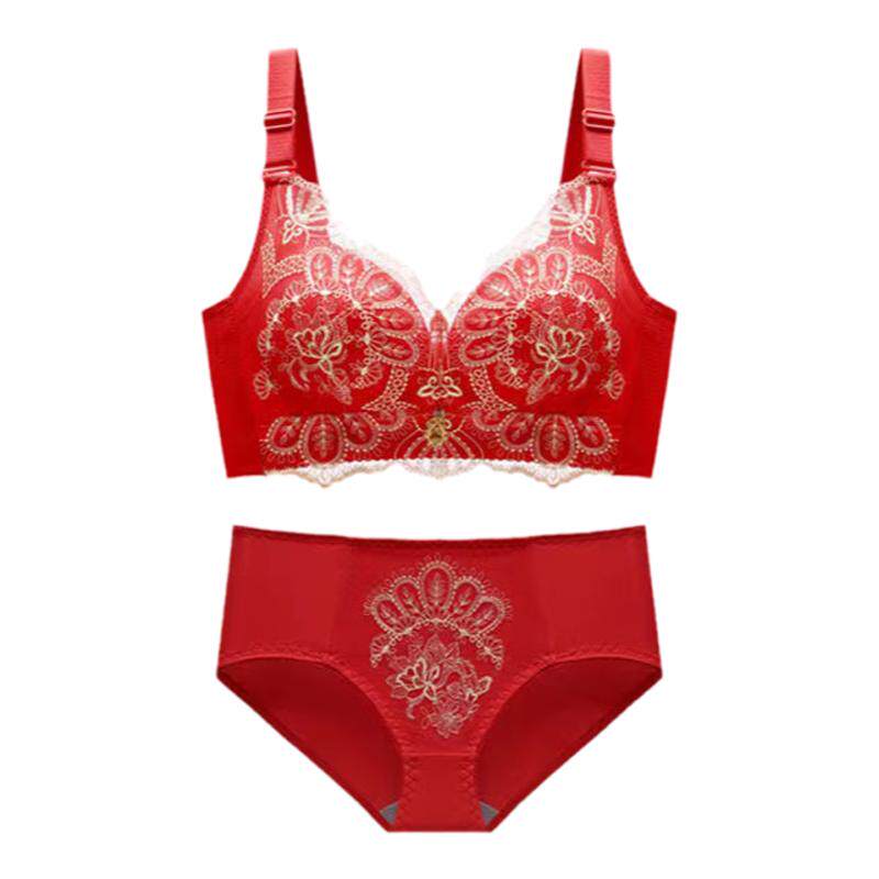 本命年红色文胸套装结婚新娘内衣女小胸聚拢加厚无钢圈收副乳胸罩
