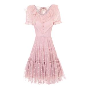 艾丽丝2025夏季新款波点蛋糕连衣裙女荷叶领泡泡袖甜美短款公主裙