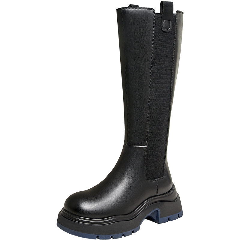 Tata他她海盐黑巧骑士靴粗跟厚底长筒靴女加绒复古早秋W6S01DG3