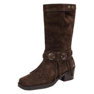 思加图新款塞尔玛西部靴牛仔靴棕色复古长靴高筒女靴EI701DG5