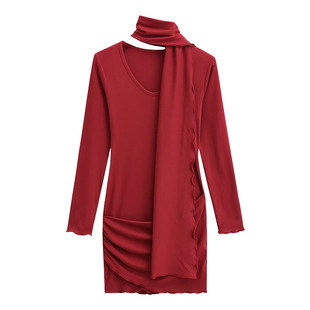 YoungGirlDay纯欲氛围感围巾飘带修身褶皱收腰长袖包臀连衣裙短裙