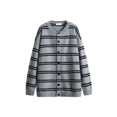 灰色条纹纽扣开衫毛衣男生2025新款秋季休闲百搭慵懒风针织衫上衣