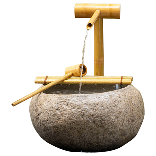 流水摆件循环水日式仿鹅卵石竹子石钵户外花园庭院水景观装饰造景