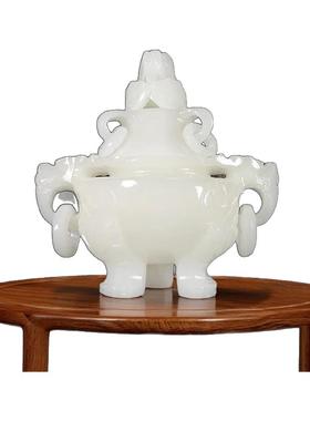 天然白玉石两耳香炉摆件装饰家居