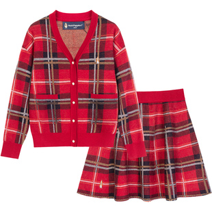 暇步士童装女童喜庆拜年服套装2025秋冬新款大童线衣开衫儿童短裙