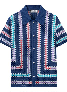 2026春夏复古条纹勾花针织polo衫男性感镂空短袖衬衣Men's shirts
