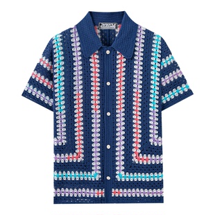 2026春夏复古条纹勾花针织polo衫男性感镂空短袖衬衣Men's shirts