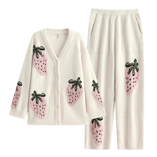 家乐芬睡衣女秋冬款冬季半边绒加厚加绒珊瑚绒保暖家居服套装草莓