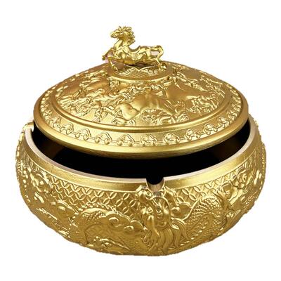 纯黄铜龙马烟灰缸可带盖铜烟缸收纳器家居办公室客厅茶桌中式