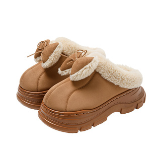 增高蝴蝶结棉拖鞋女秋冬季室内居家防滑防臭保暖毛绒厚底拖鞋外穿