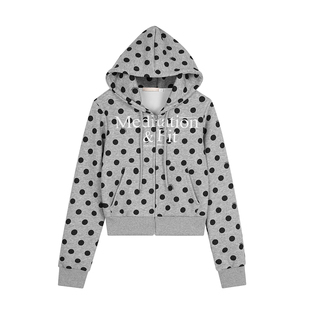 Inbeshowroom复古字母印花波点连帽卫衣女短款拉链帽衫休闲上衣