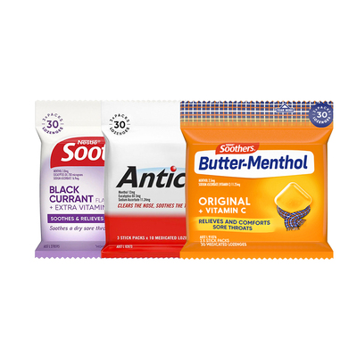 雀巢进口喉糖Soothers薄荷蜂蜜桉叶喉糖温和护嗓润喉糖30粒*3包